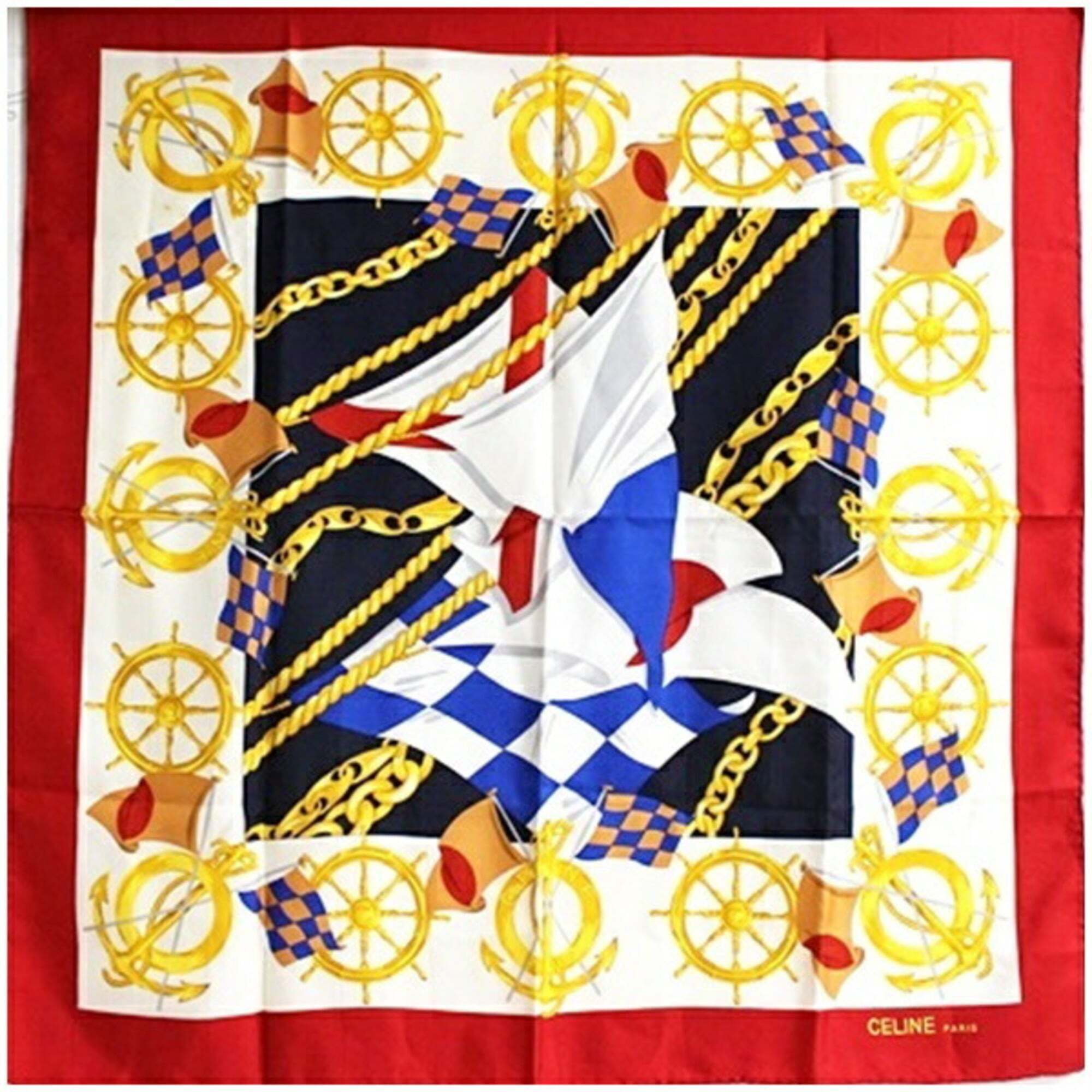 Celine Silk Scarf/Muffler In White, Navy, And Red For Women